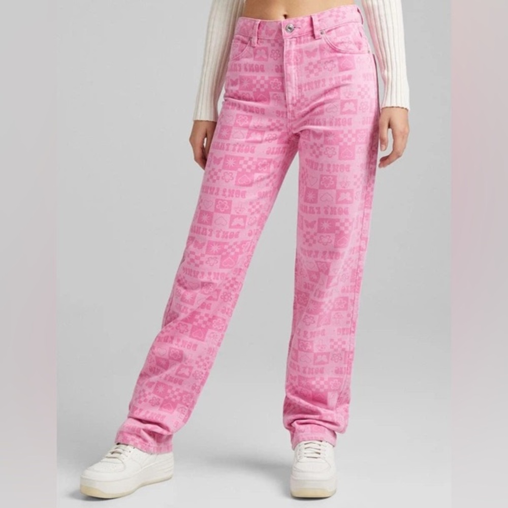 Bershka straight leg pink jeans y2k print checkerboard, hearts, butterflies